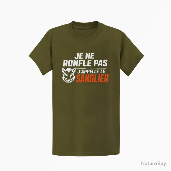 T-shirt Chasse Je ne ronfle pas j'appelle le sanglier Kaki / Blanc et orange