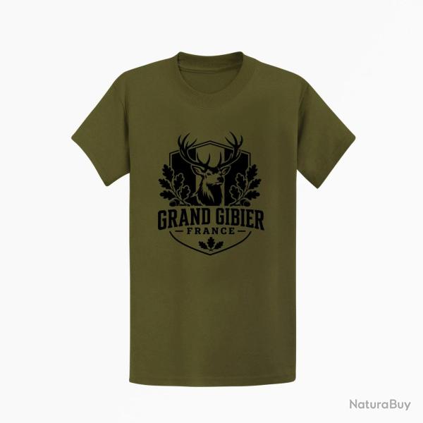 T-shirt Chasse Grand gibier France Cerf et ch�ne Kaki / Noir