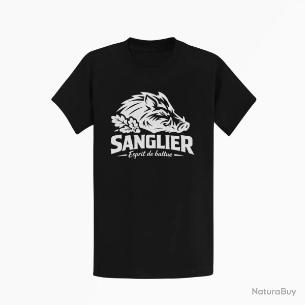 T-shirt Chasse Esprit de battue Sanglier sauvage Noir