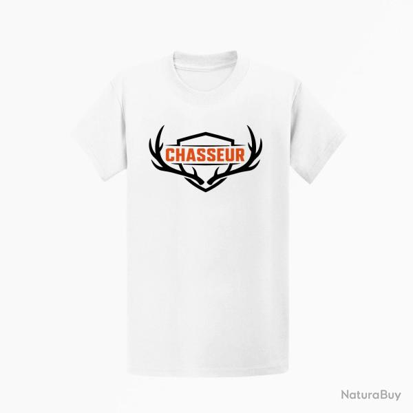 T-shirt Chasse Chasseur Blason aux bois de cerf Blanc / Orange