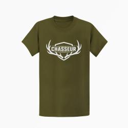 T-shirt Chasse Chasseur Blason aux bois de cerf Kaki / Blanc