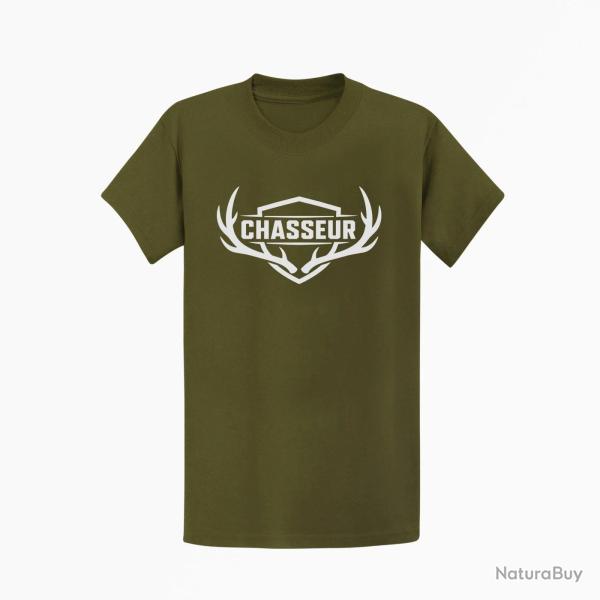 T-shirt Chasse Chasseur Blason aux bois de cerf Kaki / Blanc