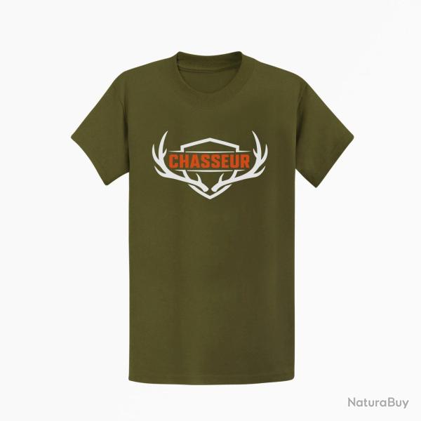 T-shirt Chasse Chasseur Blason aux bois de cerf Kaki / Blanc et orange