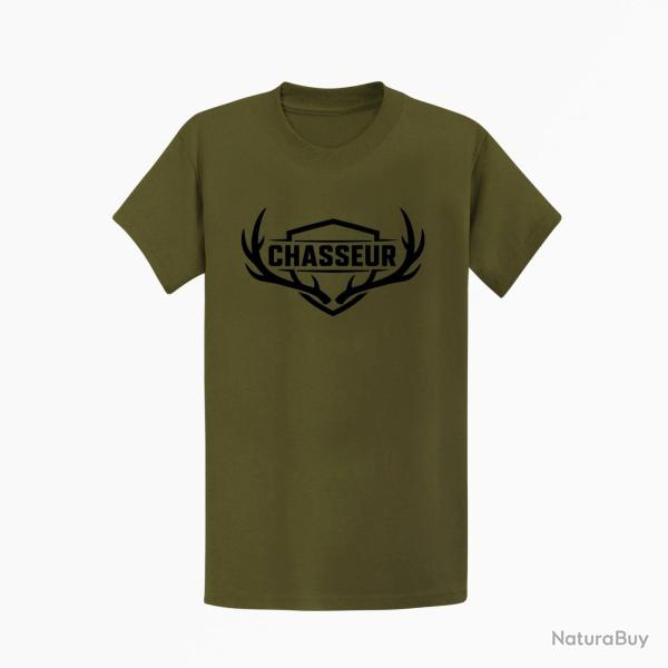 T-shirt Chasse Chasseur Blason aux bois de cerf Kaki / Noir