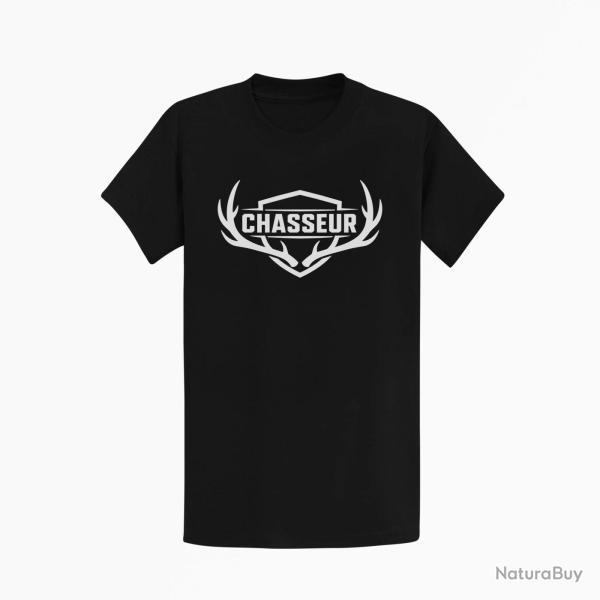 T-shirt Chasse Chasseur Blason aux bois de cerf Noir