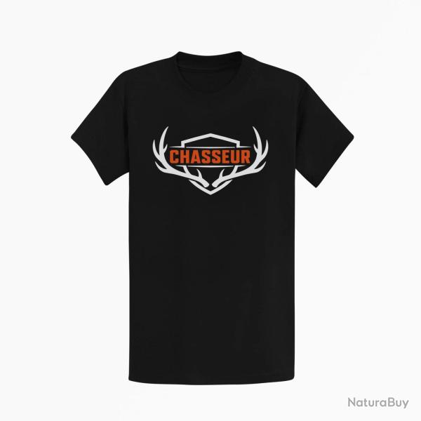 T-shirt Chasse Chasseur Blason aux bois de cerf Noir / Orange