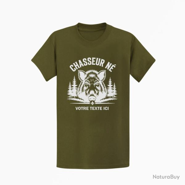 T-shirt Chasse Chasseur n? Sanglier personnalisable Kaki / Blanc