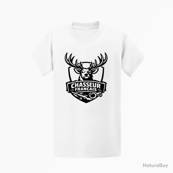T-shirt Chasse Chasseur fran?ais Cerf et fusil Blanc