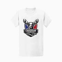 T-shirt Chasse Chasseur fran?ais Cerf et fusil Blanc / Tricolore