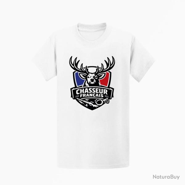 T-shirt Chasse Chasseur fran?ais Cerf et fusil Blanc / Tricolore