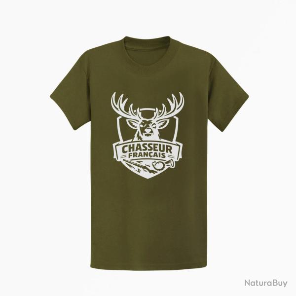 T-shirt Chasse Chasseur fran?ais Cerf et fusil Kaki / Blanc