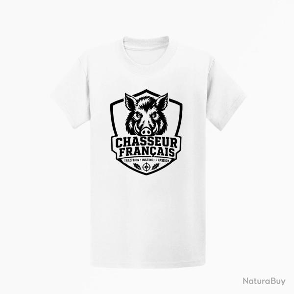 T-shirt Chasse Chasseur fran?ais Blason sanglier Blanc