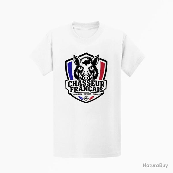 T-shirt Chasse Chasseur fran?ais Blason sanglier Blanc / Tricolore