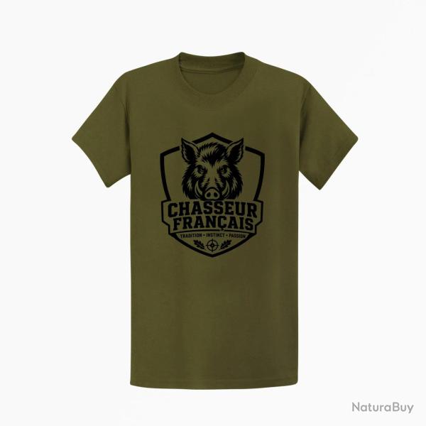T-shirt Chasse Chasseur fran?ais Blason sanglier Kaki / Noir