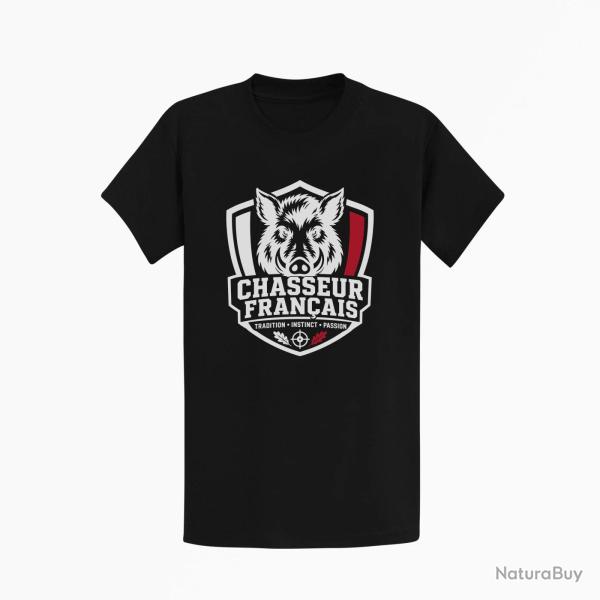 T-shirt Chasse Chasseur fran?ais Blason sanglier Noir / Blanc et rouge