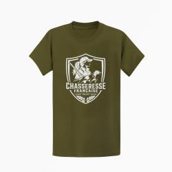 T-shirt Chasse Chasseresse fran?aise Blason Kaki / Blanc