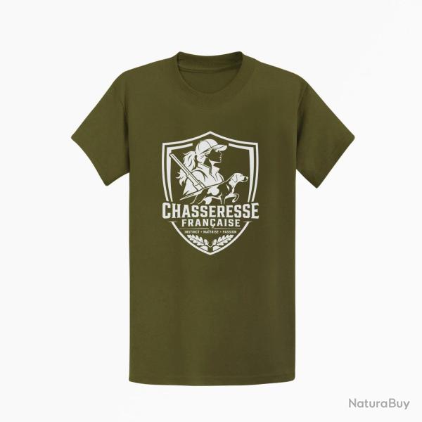 T-shirt Chasse Chasseresse fran?aise Blason Kaki / Blanc