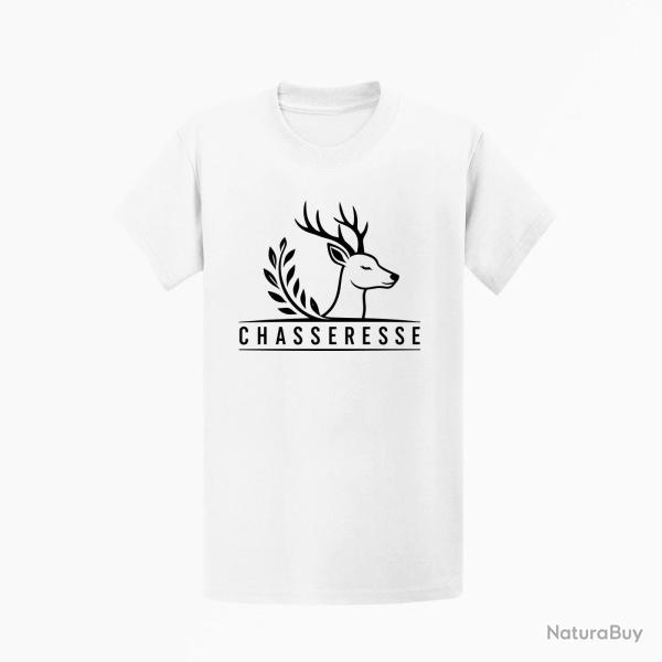 T-shirt Chasse Chasseresse Cerf et laurier Blanc
