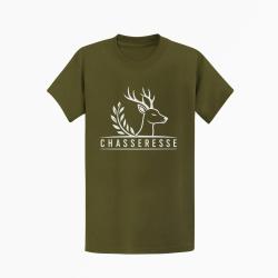 T-shirt Chasse Chasseresse Cerf et laurier Kaki / Blanc
