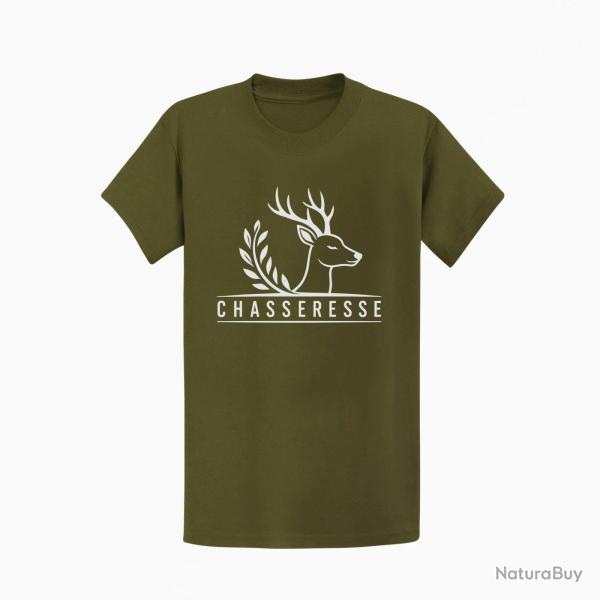 T-shirt Chasse Chasseresse Cerf et laurier Kaki / Blanc