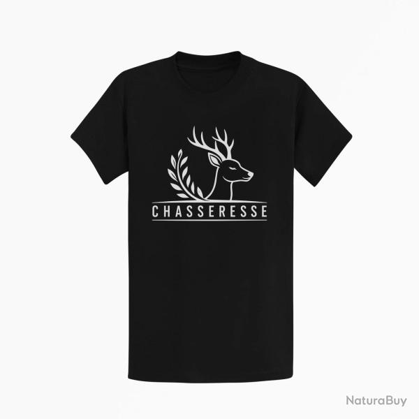 T-shirt Chasse Chasseresse Cerf et laurier Noir