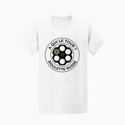 T-shirt Humour Roulette russe A qui le tour ? Blanc