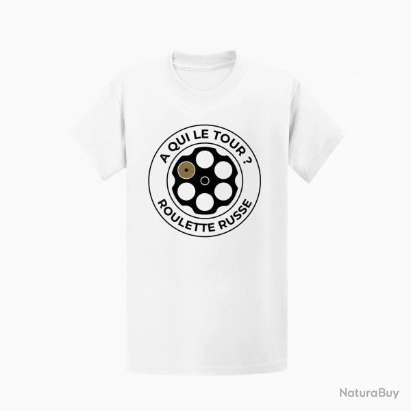 T-shirt Humour Roulette russe A qui le tour ? Blanc