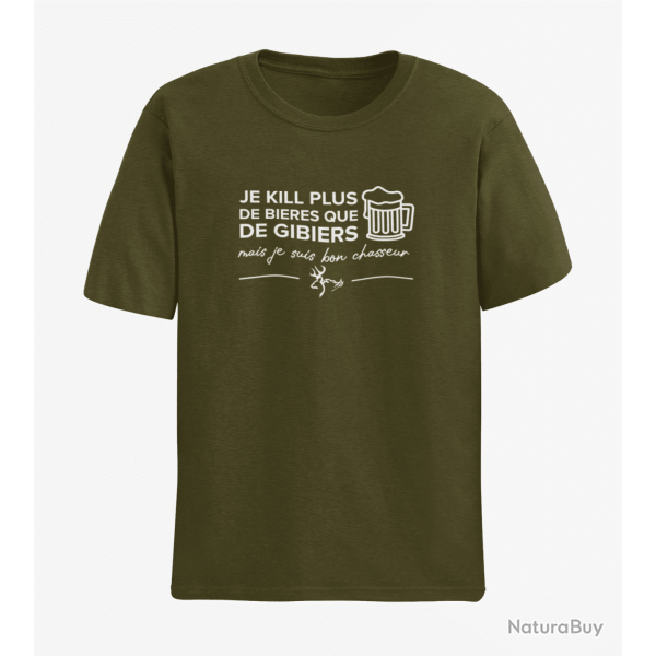 T-shirt Humour Chasse Je kill plus de bi?res que de gibiers Kaki / Blanc