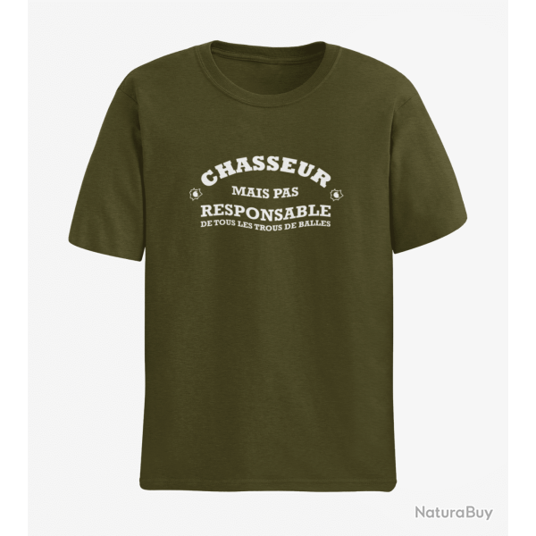T-shirt Humour Chasse Chasseur mais pas responsable de tous les trous de balles Kaki / Blanc
