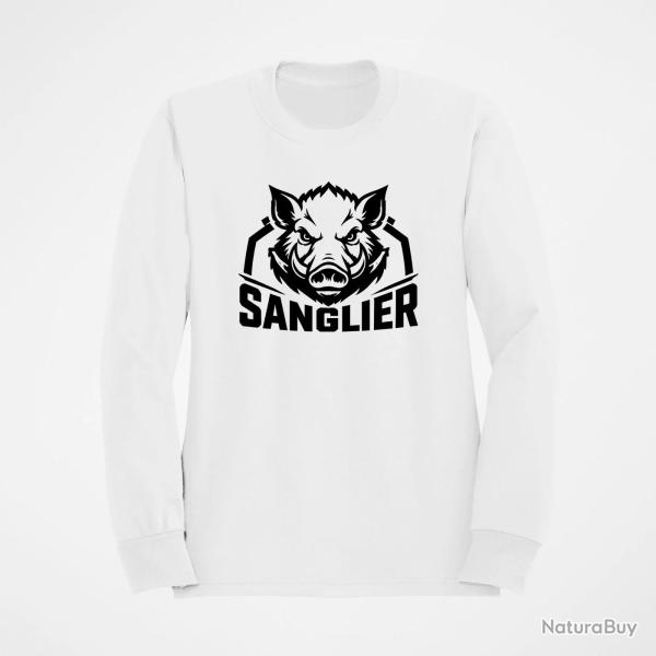Pull Chasse Sanglier sauvage Blason Blanc