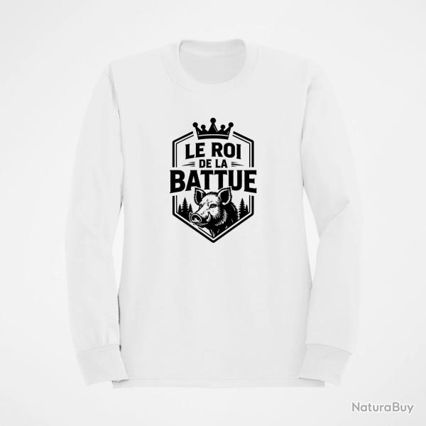Pull Chasse Le roi de la battue Blason sanglier Blanc