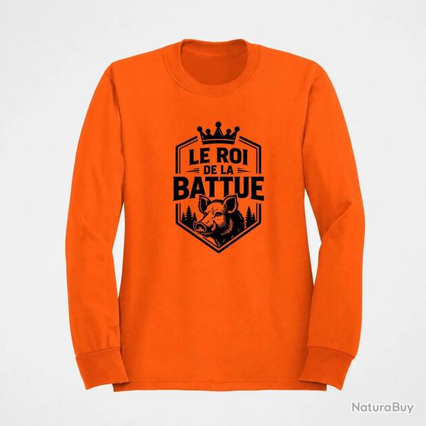 Pull Chasse Le roi de la battue Blason sanglier Orange