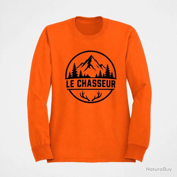 Pull Chasse Le chasseur Montagnes et ramure Orange