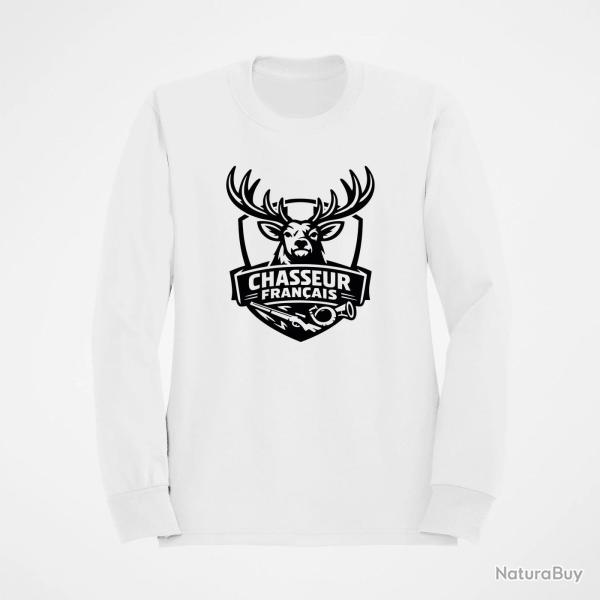 Pull Chasse Chasseur fran�ais Cerf et fusil Blanc
