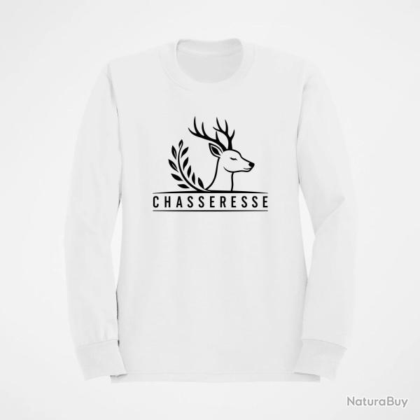 Pull Chasse Chasseresse Cerf et laurier Blanc