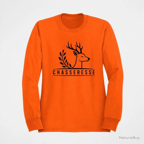 Pull Chasse Chasseresse Cerf et laurier Orange