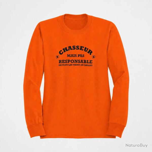 Sweat Humour Chasse Chasseur mais pas responsable de tous les trous de balles Orange