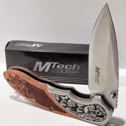 Couteau MTech A/O Linerlock Manche Bois Fa&ccedil;on Crosse Marron Mitres Acier Lame Acier 3Cr13 06SB