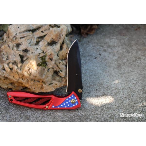 Couteau Semi Automatique A/O Ind�pendance Day 4 Juillet Lame Acier Inox Manche Alu RougeBleu Etoiles