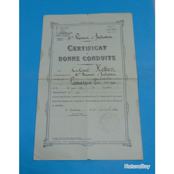 ANCIEN CERTIFICAT MILITAIRE DE BONNE CONDUITE SOLDAT DU 80 �me R�GIMENT D'INFANTERIE 1932