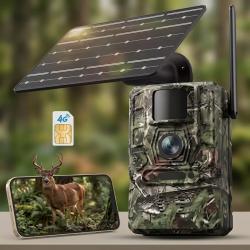 Cam&eacute;ra de Chasse 4G LTE Solaire 14MP Carte SIM 64Go Batterie 7800mAh Vision Nocturne IP66 D&eacute;tection