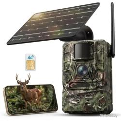 Cam&eacute;ra de Chasse 4G LTE Solaire 14MP Carte SIM 64Go Batterie 7800mAh Vision Nocturne IP66 D&eacute;tection