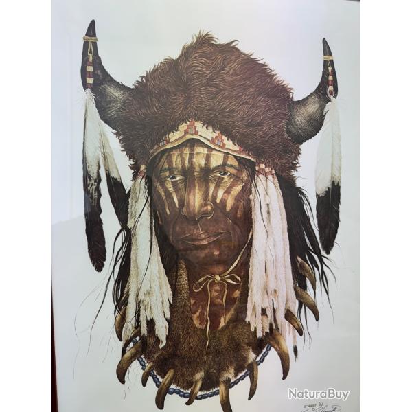 LITOGRAPHIE PORTRAIT INDIEN 56x76 cm s�rie limit�e 368/900 ken SCHMIDT ann�e 87avec cadre en bois