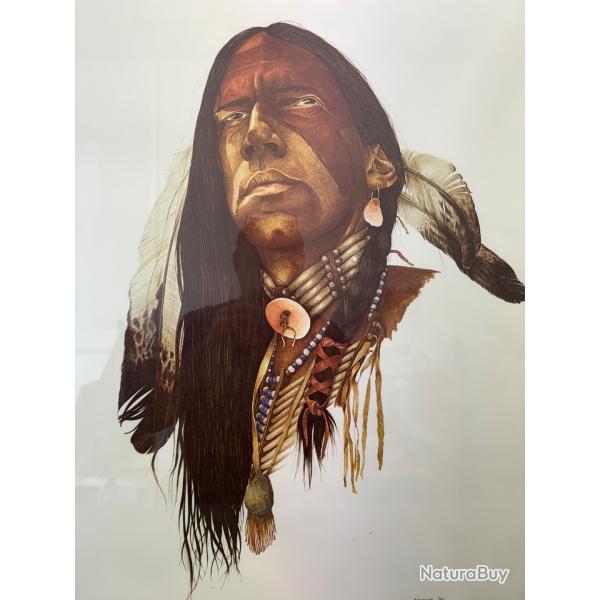 LITOGRAPHIE PORTRAIT INDIEN s�rie limit�e 370/900 ken SCHMIDT ann�e 86 avec cadre en bois 56x76 cm