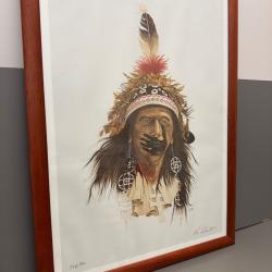 LITOGRAPHIE PORTRAIT INDIEN s&eacute;rie limit&eacute;e 366/900 ken SCHMIDT ann&eacute;e 84 avec cadre en bois 56x76 cm