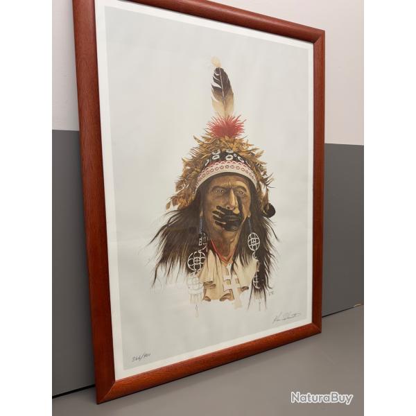 LITOGRAPHIE PORTRAIT INDIEN s�rie limit�e 366/900 ken SCHMIDT ann�e 84 avec cadre en bois 56x76 cm