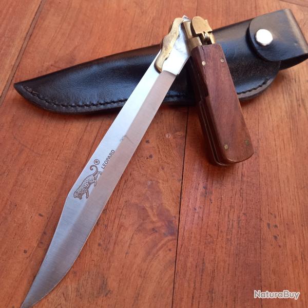 Solide Couteau de Chasse � la d estaing LEOPARD Manche en Bois avec �tui en cuir