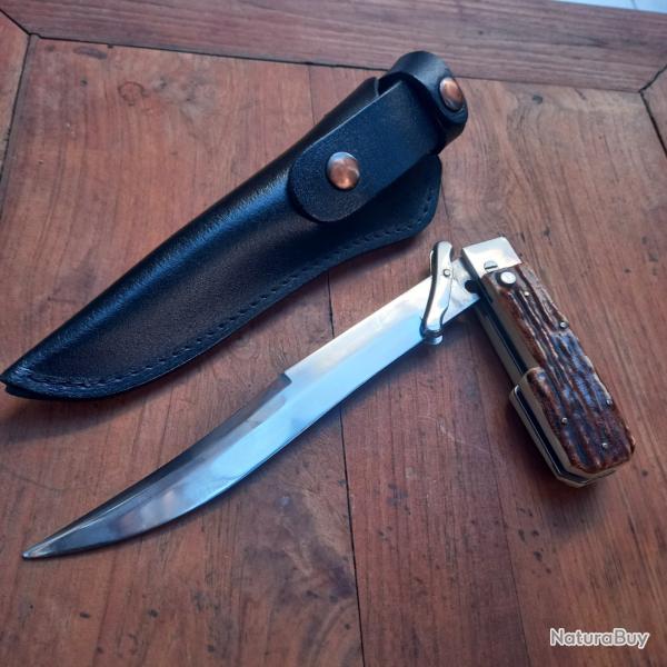 Joli Couteau de Chasse � la d estaing Manche en Imitation Bois de Cerf avec �tui en cuir