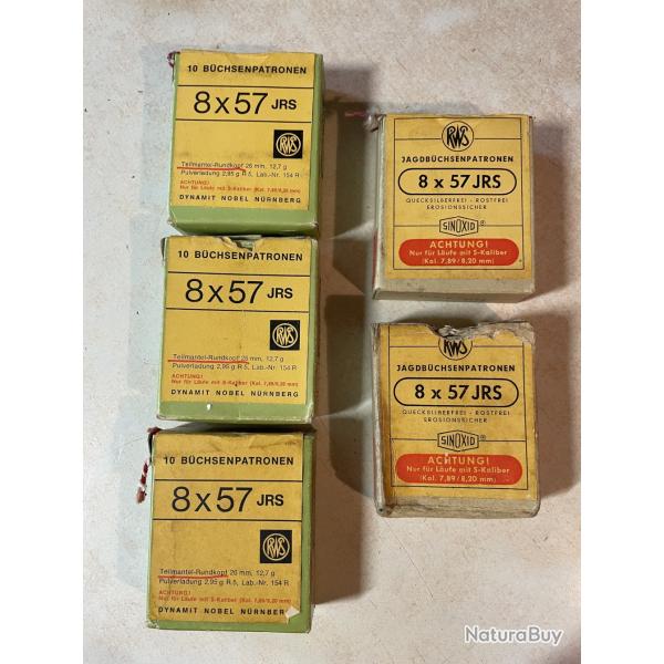 Lot de 45 cartouches RWS 8x57 JRS Teilmantel 196gr anciens boitages Dynamit Nobel