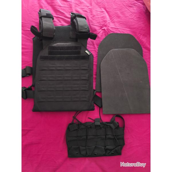 Gilet porte plaque noir marque kombat tactical + porte chargeur molle